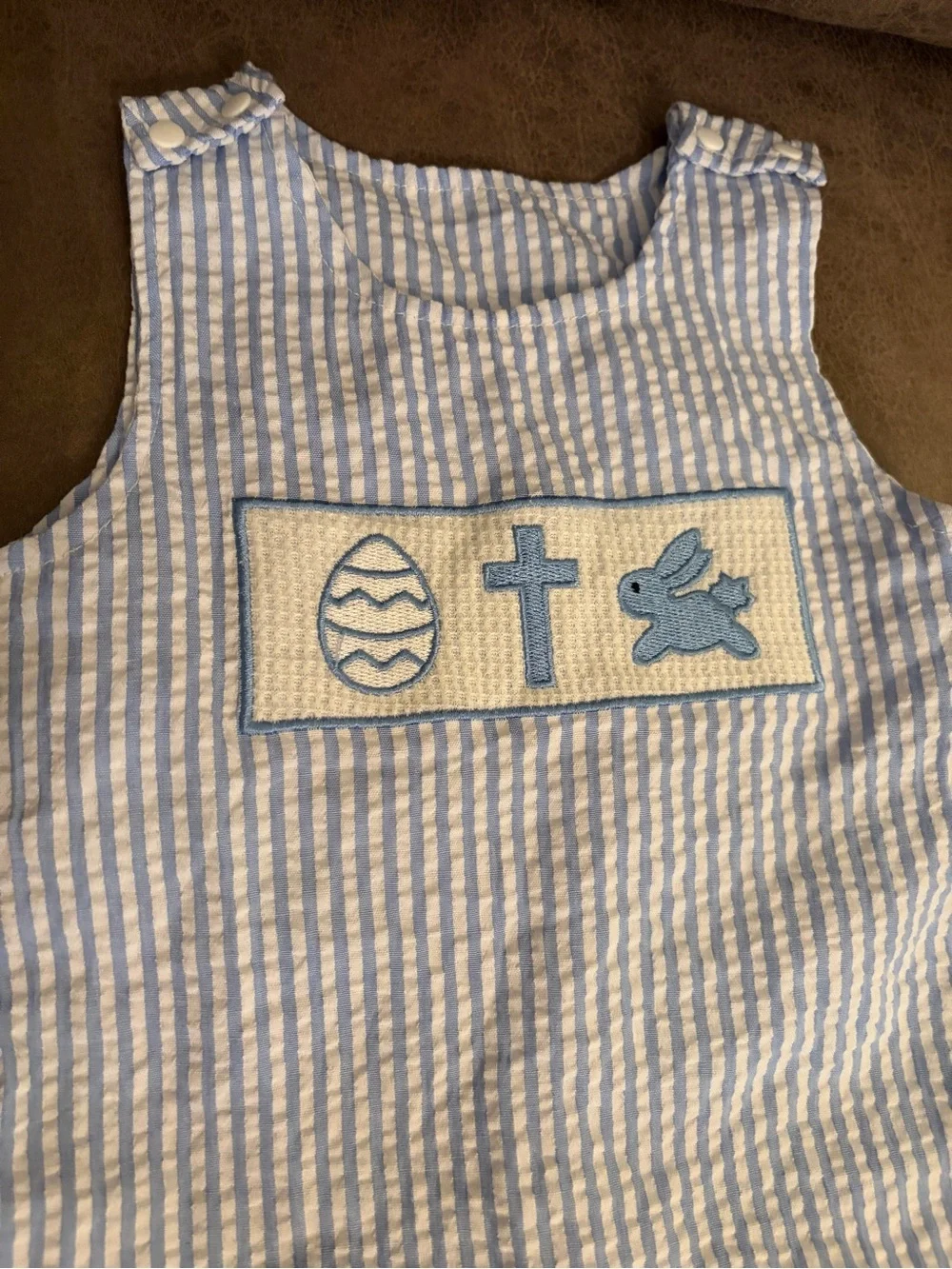 Blue and White Striped Seersucker Baby Romper with Easter Appliqué